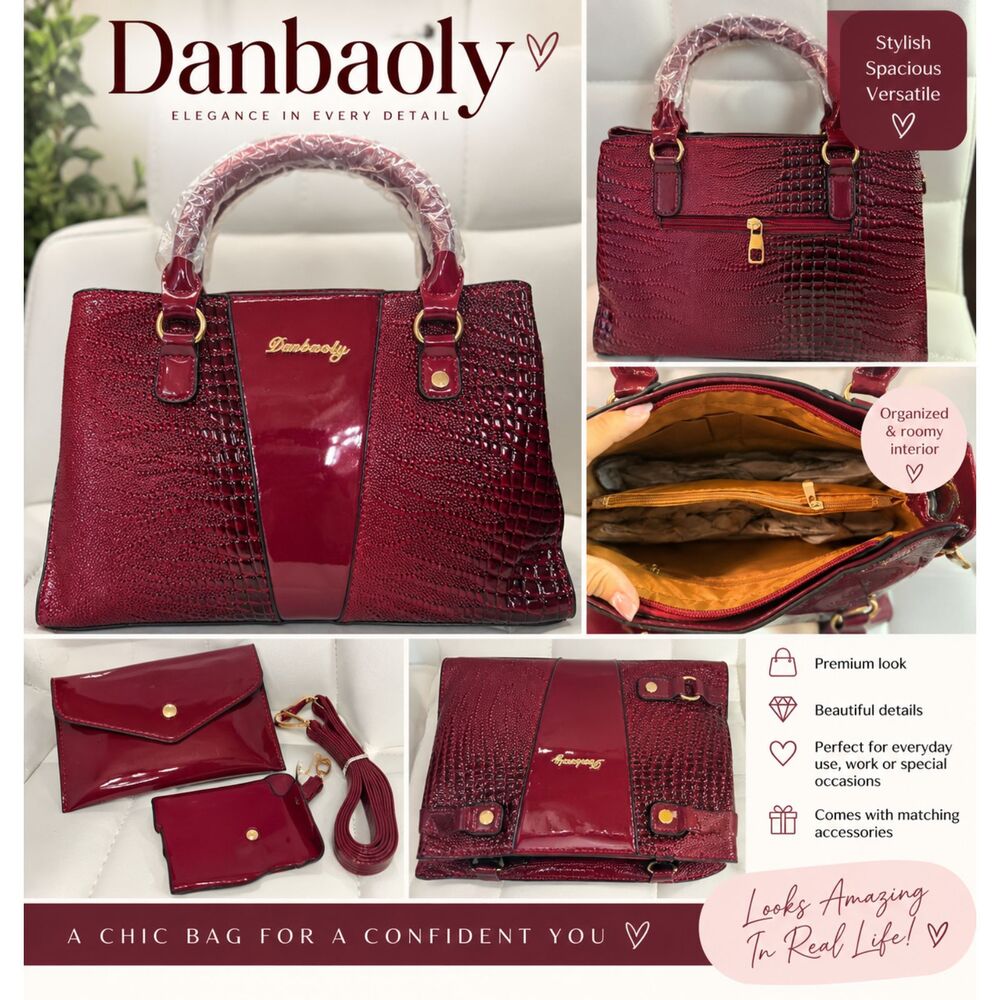 Danbaoly Burgundy Croc Embossed Handbag Set with Accessories – New